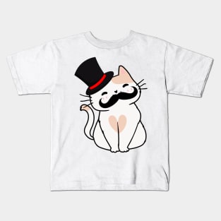 Sophisticated White Persian Cat Drinking Tea wearing a top hat Kids T-Shirt